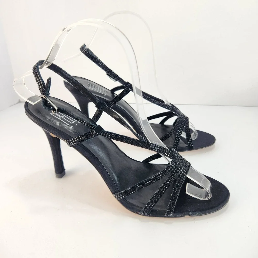 Pelle Moda Women's 8.5 Black Rhinestone Strappy Slingback‎ Heels Evening Party